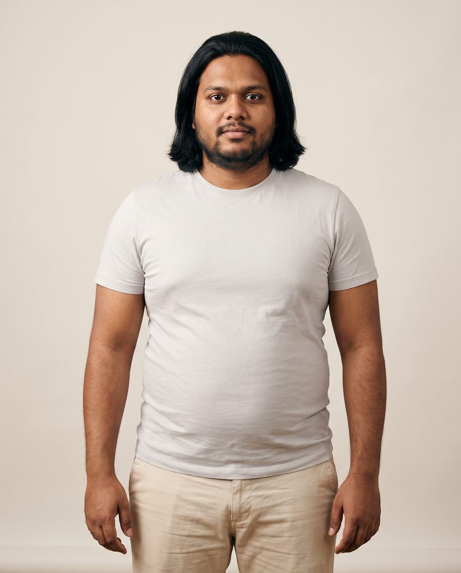 A man with a grown-out one-length cut and an untrimmed beard