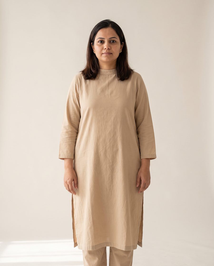 A petite woman in a long beige kurta with a high round neck