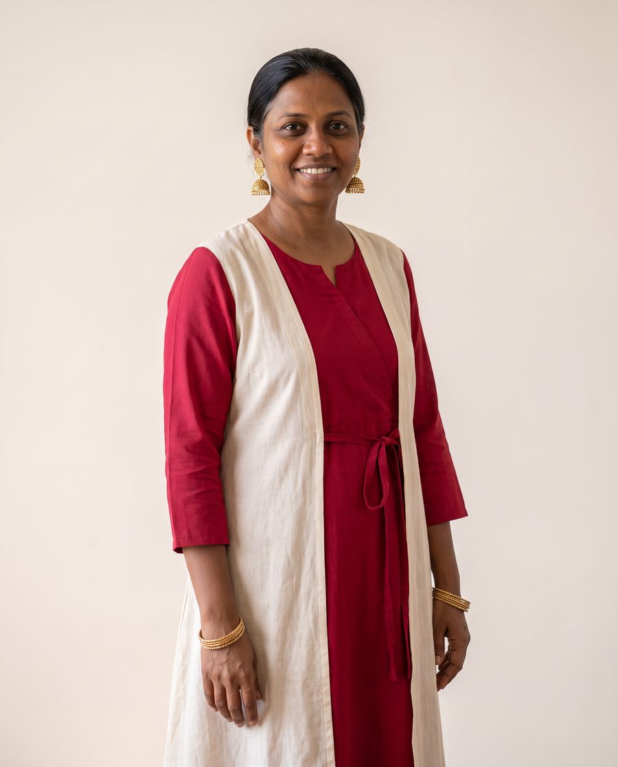 The same woman in a solid ruby kurta with a defined waist and a long open layer