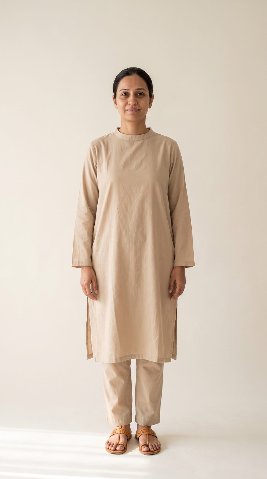 A woman photographed at home in a loose beige kurta, hair tied back